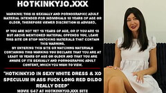 Hotkinkyjo in sexy white dress &amp_ XO speculum in ass fuck long red dildo really deep Thumb