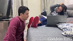 Goddess Kiffa Real Life - Kiffa Ignores Foot while he licks her sneakers clean - FOOT WORSHIP - FEMD Thumb