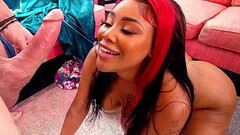 Gorgeous black babe with big tits sucks a big white dick Thumb